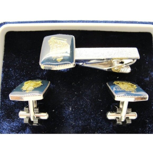 Gold Tone Ships Cufflinks & Neck Tie Clip Set Silver Tone Formal IOB Vintage - Picture 4 of 9